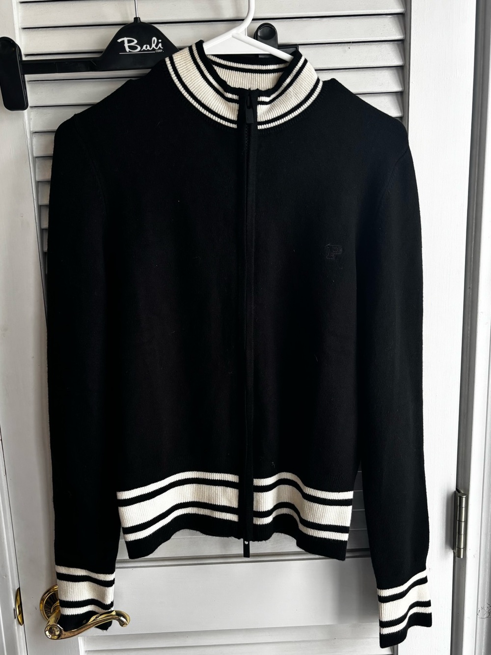 Victoria’s Secret Pink Black Zip-Front Jacket with Cream Stripe Trim